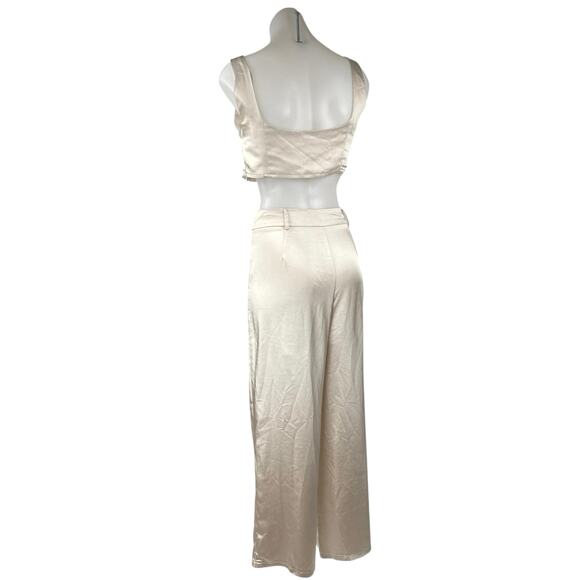 Princess Polly Cream Silky Satin Crop Top & WideLeg Trousers Matching Set Size 8 - Picture 3 of 7